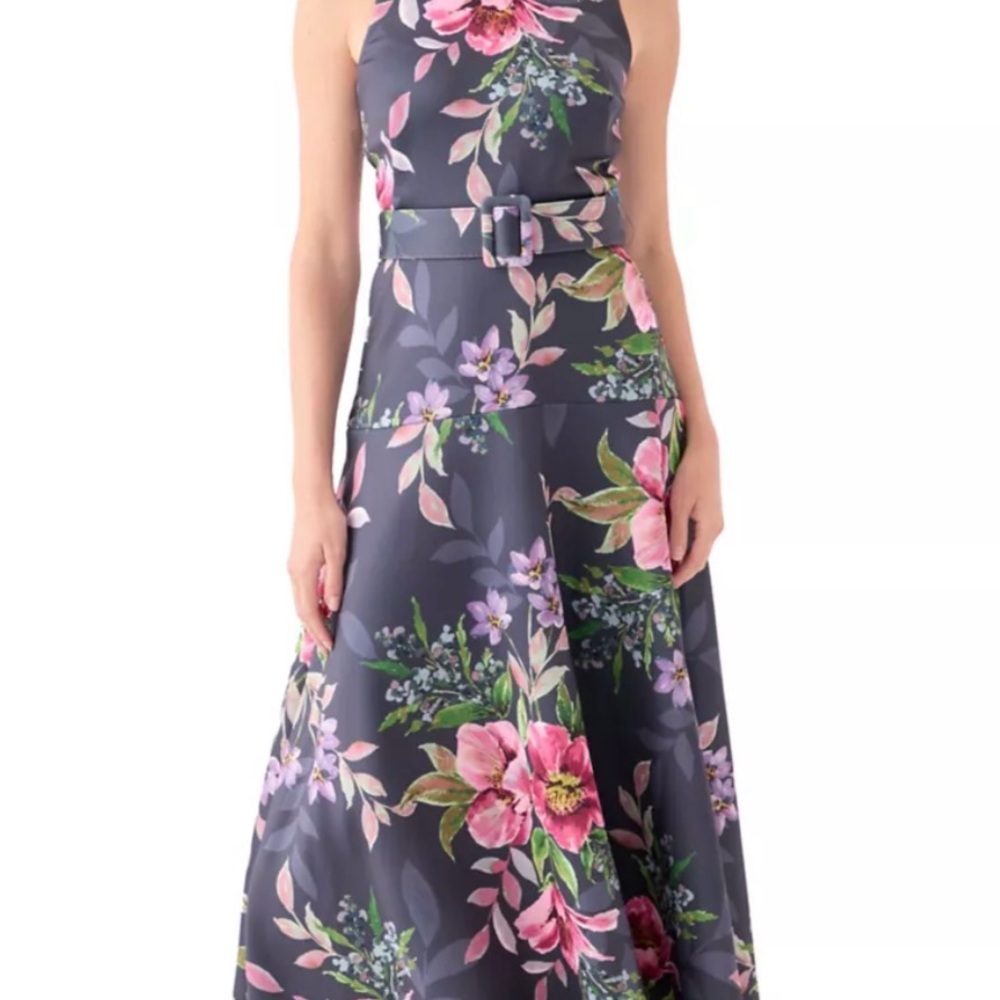 Gabby Skye Floral A-Line Midi Skirt with Belt - Pink & Navy